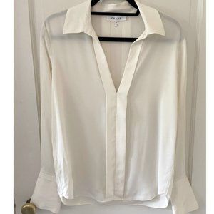 FRAME Silk long-sleeve blouse, collared, deep V-neck.  Size S/P